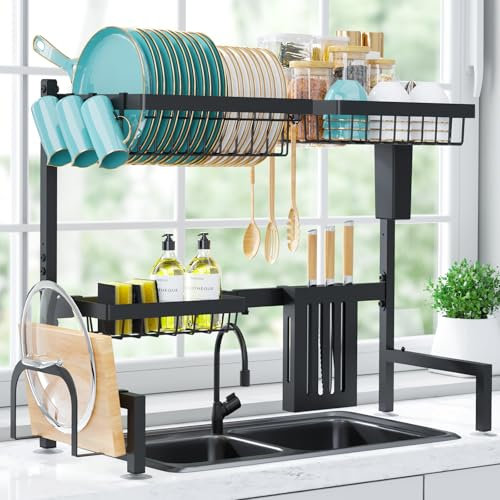 Sakugi Dish Drainer Rack - Expandable Over Sink Dish Rack (68cm-86.2cm W), Rust-Proof Draining Board Rack, Multi-Functional Dish Drying Rack for Silverware, Cookware, Cutting Board, Black