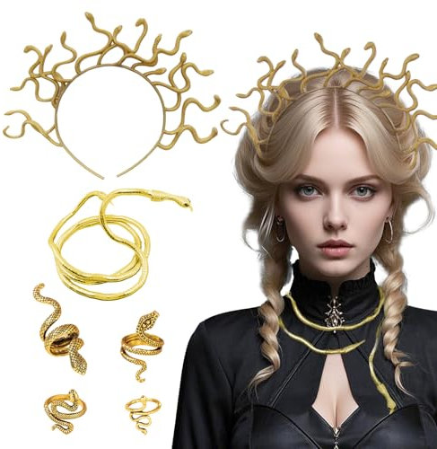 ASFWAGQ Medu-sa Schlangen Kopfschmuck Medu-sa Kostüm Zubehör Damen Schlangen Haarreif Haarschmuck Schlangen Halskette Schlangenring Medu-Sa Snake Headband für Halloween Karneval Kostüme Accessoires