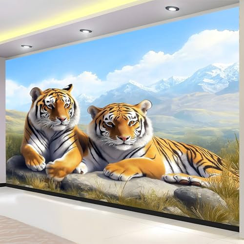 Grassland Large Wall Art Photo Wallpaper 200 x 140 cm Animal brown tiger Mural Wallpaper Non-Woven Wall Art Living Room Bedroom Office Picture Design Wall Paper Mural Giant Poster