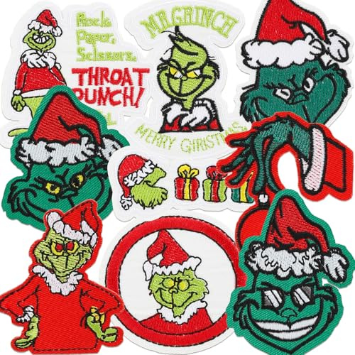 9Pcs Green Christmas Iron on Patches, Cute Decorative Green Mythical Embroidery Patches for Socks, Clothes, Hats, Jeans, Backpacks, Etc - Perfect for DIY Enthusiasts