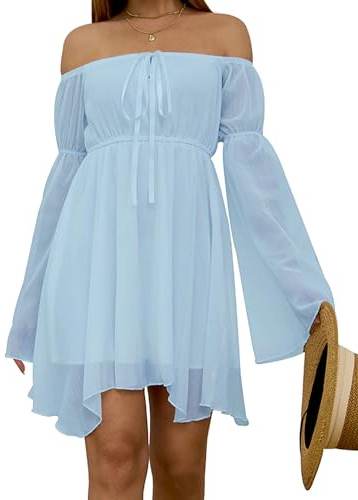 FDKLOOK Womens Dresses Off Shoulder Bell Sleeve Summer Mini Fairy Dress | Flowy Chiffon Dress,Long Sleeve,Solid Color,Casual,Party,Holiday,Lace-Up,Mini Lenght,A-Line Irregular,Corset Dress