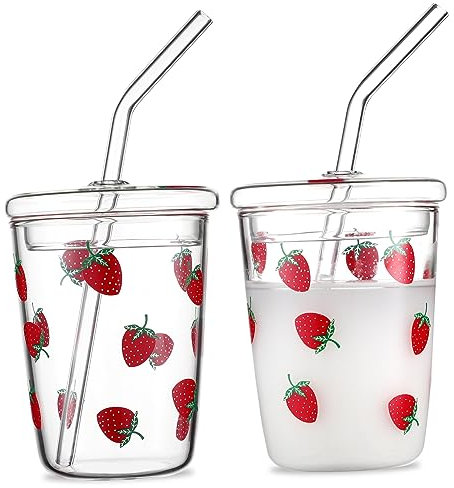 DECHOUS 2pezzi Bicchieri in Vetro Resistenti Al Calore Con Motivo Fragola Tazza Con Coperchio e Cannucce Per Bevande Da Festa Tazza Di Vetro Squisita Per Caffè Tè Latte e Altre Bevande