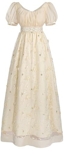 CR ROLECOS Regency Dress for Women Regency Costume Empire Waist Tea Party Victorian Gown Champagne Gold S