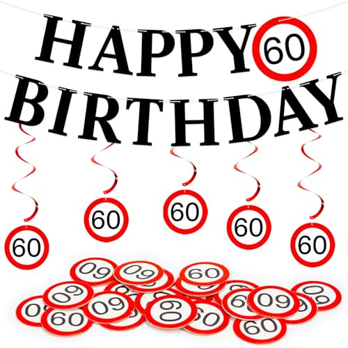 60 Geburtstag Deko Mann Frau, Deko 60 Geburtstag mit Girlanden und 40 Stk Konfetti, Verkehrsschild 60 Geburtstagsdeko, 60 Jahre Dekoset Partyzubehör, Happy Birthday Geburtstagsgirlande