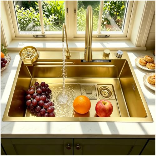 OMGMTSTORE 85x50cm Lavello da cucina a cascata, Lavello da cucina oro, Grande lavello 1 vasca, Lavello a cascata per lavaggio con rubinetto estraibile, Dispenser sapone, Lava-tazze, Colino, Tagliere