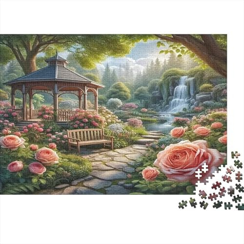 Gartenbank 1000 Teile Puzzle für Erwachsene Blumen Wasserfall 1000 Teile Puzzle Spiel Entspannung Familie Deko 38x26cm/1000pcs