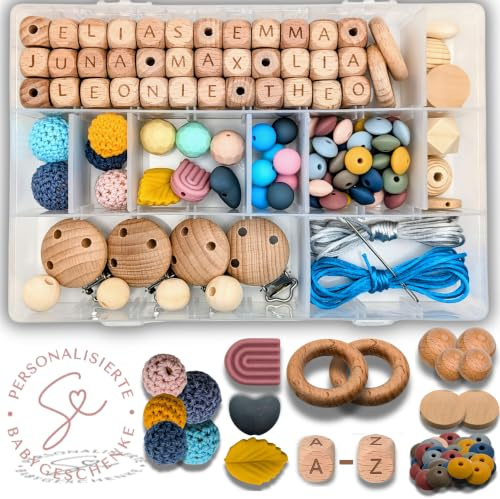 Storchenkind® DIY Bastelset zum Selber machen Set – 150-teilig inkl. deutscher Videoanleitung, kreative Babyparty Spiele, Baby Schmucket Schmuckset, mit Silikon- und Holzperlen (150 Teile)