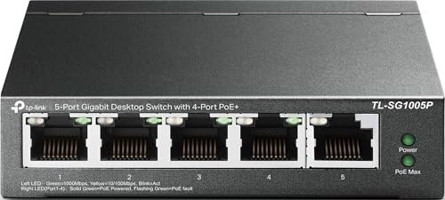 TP-Link TL-SG1005P, 5 Port Gigabit PoE Switch, 4 PoE+ Ports @65W, Desktop, Plug & Play, Sturdy Metal w/ Shielded Ports, Fanless, QoS & IGMP Snooping