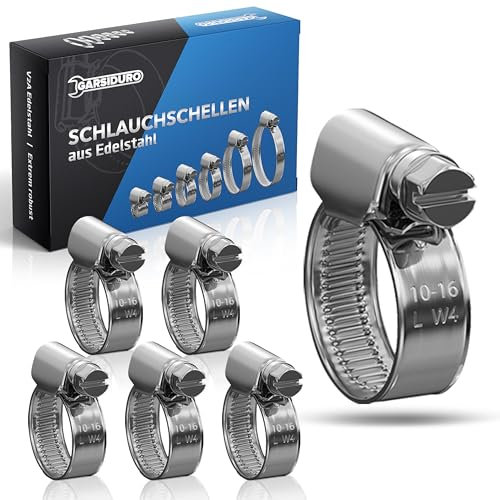 Garsiduro® Pro 10-16 mm en acier inoxydable en W4 qualité, 12 pièces, largeur de bande 9 mm - Ensemble de haute qualité en pinces de tuyau inoxydable V2A pour tuyau d’arrosage, voiture, moto, aquarium