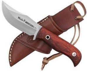 Muela Cuchillo de Caza Mustang MUSTANG-8R con Hoja de Acero Inoxidable MoVa de 8 cm y empuñadura de Madera Coral de 9 cm para Caza, Pesca, Supervivencia y Bushcraft + Portabotellas de Regalo