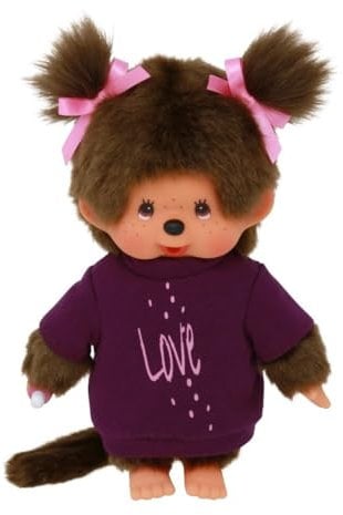 Sekiguchi 253814 - Original Monchhichi Mädchen mit T-Shirt 'Love' und Schleifen im Haar, ca. 20 cm großes Kuscheltier aus braunem Plüsch