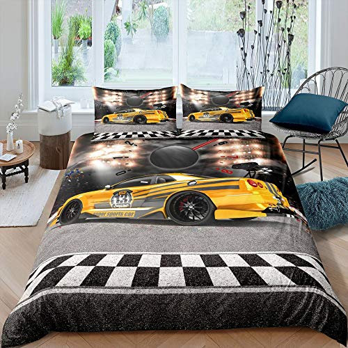 Greneric Boys Rennwagen Bettbezug Rennspiele Trösterbezug Dirt Bike Bettwäsche Set Gelb Auto Bettbezug für Schlafzimmer Dekorative 2-teilige Bettwäsche 135x200 für Kinder Männer