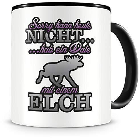 Samunshi® Elch Tasse mit Spruch Date mit Elch Geschenk für Elch Fans Kaffeetasse groß Lustige Tassen zum Geburtstag schwarz 300ml