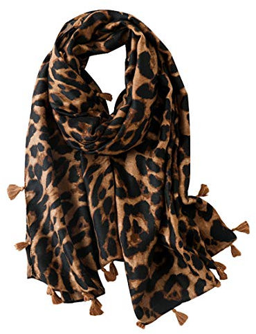 FAIRYGATE Schal Leopardenmuster Damen mit Leo Muster Farbigem Streifen und Fransen Tuch Halstuch aus Polyamid und Baumwolle für Mädchen Braun 19226