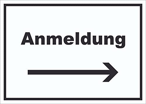 HB-Druck Anmeldung Schild mit Text und Richtungspfeil rechts Aufnahme waagerecht A4 Rückseite selbstklebend