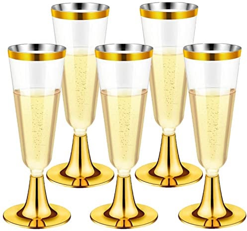 LATERN 30 Pièces Flûtes à Champagne en Plastique, 150ml Verres à Champagne en Dorés Gobelets à Vin Réutilisables à Tige pour Fêtes de Douche D'anniversaire Mariage Jardin (5,5 x 16,5cm)