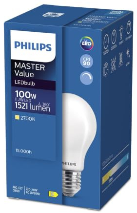 Philips Master Value LED GLS A60 Light Bulb 11.2W 100W Equivalent E27 Edison Screw Very Warm White Dimmable CRI90 High Colour Rendering Energy Efficient LED