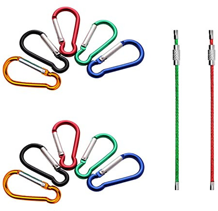 ZWZNBL 10 x Multifunctional Aluminium D-Shape Safety Carabiner Hooks for Mountaineering Outdoor Sports with 2 Metal Cable Loops for Climbing, Camping, etc.,Yellow,Blue,Green