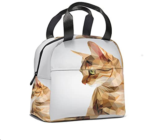 Bolsa de almuerzo con patrón de gato de cristal, diseño simple para mujeres y hombres, gatitos de dibujos animados, mango reutilizable, lonchera aislada, bolsillo frontal para escuela, picnic, trabajo