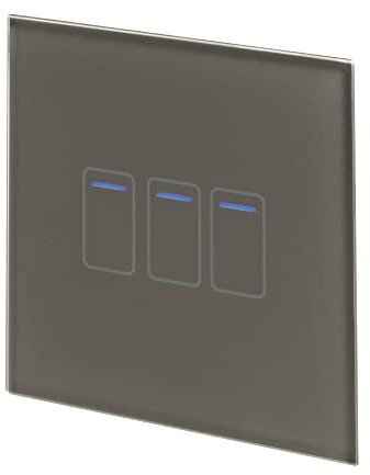 Retrotouch Crystal Touch Switch | LED Light Indicator | 3 Gang 1 Way 300W | Stylish Grey Glass Finish | Screwless Front | 35mm Back Box No-Neutral Required | Luxury Home & Bathroom Light Switches