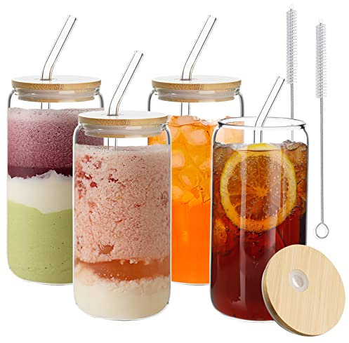 Tuevob Beer Can Glass Cups 4 Pcs Drinking Shaped Cup Set Cocktail Soda Glasses with Lid and Straw Iced Coffee Tumbler Tea Whiskey Wine Milk Water - 2 Brushes, Blue, red