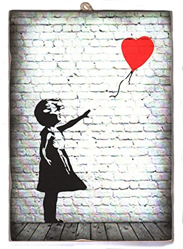 KUSTOM ART Bild im Vintage-Stil, Banksy Mädchen und Ballon Herz, Druck auf Holz, 10 x 15 cm