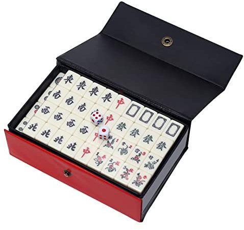 Supatmul Jeu Mahjong Chinois, Jeux Mah-Jong Traditionnels avec 144 tuiles, 2 dés et étui Transport, pour Jeux Style Chinois, Loisirs en Famille