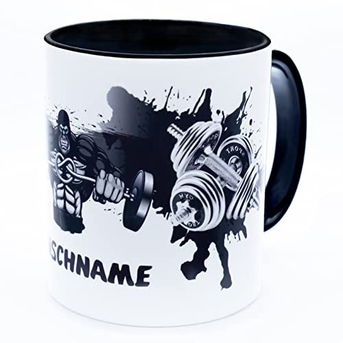 Bodybuilding Hantel Tasse mit Name personalisiert Fitness Becher Kaffeetasse Bodybuilder Sportler Geschenkidee Kraftsportler Krafttraining Trainer Gym Geschenk Mann Männer Deko Gadget Keramik 330 ml