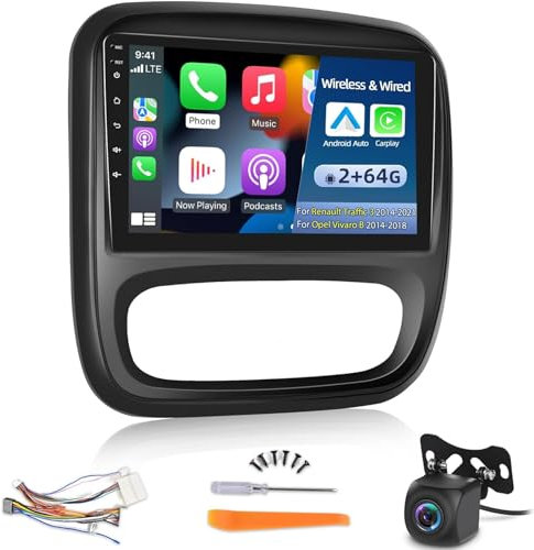 Radio de Coche Android para Renault Traffic 3 2014-2021 y Opel Vivaro B 2014-2018, inalámbrico Apple Carplay y Android Auto - Radio táctil de 9 Pulgadas + cámara de Respaldo AHD [2GB+64GB]