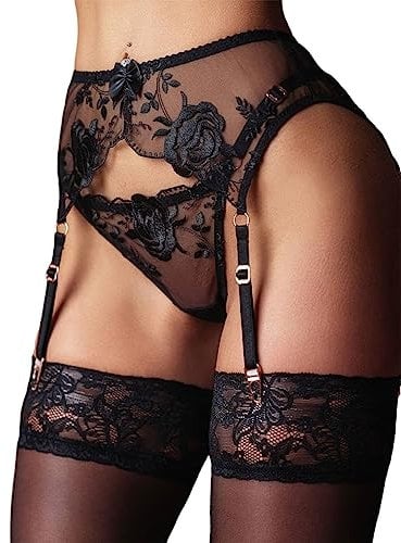 Strumpfhalter Frauen Strapsgürtel Hüfthalter Strapsen Dessous Sets Breit Unterwäsche Strapsstrümpfe Sexy Spitze mit 4 Halter Verstellba Strumpfbänder Strumpfgürtel für Damen + G-string (Schwarz)