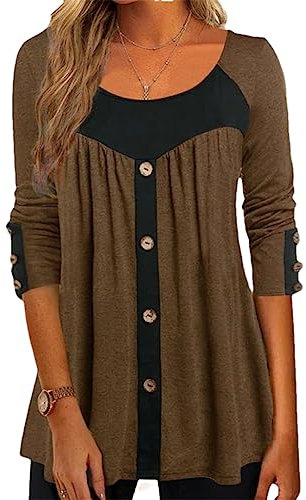 Frauen Casual Knöpfe T-Shirt Lange Ärmel Patchwork Tops Bohemian Tees, coffee, Large