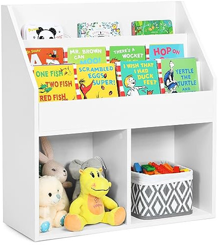 HOMASIS Bücherregal für Kinder, Kinderregal mit 3 Fächern & 2 Ablagen, Bücher- & Spielzeugorganisation Spielzeugregal aus Holz, Holzregal Aufbewahrungsregal für Kinderzimmer, 70 x 30 x 80 cm, Weiß