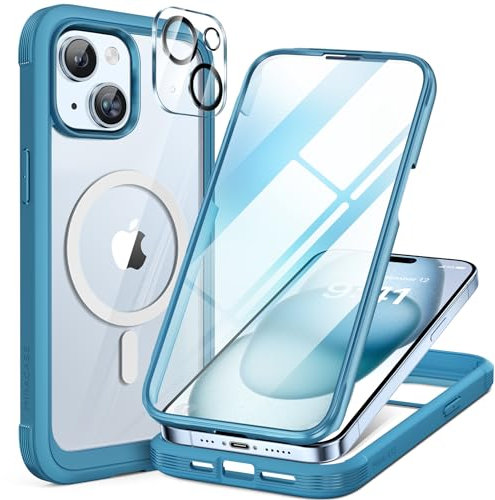 Miracase Magnetic Case for iPhone 15 Plus Case 6.7-Inch, Full Body Bumper Case Compatible with MagSafe and Built-in 9H Tempered Glass Screen Protector + Camera Lens Protector (Surfing Blue)