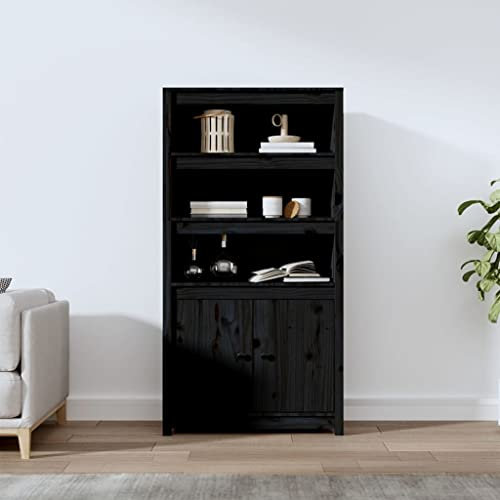 BaraSh Highboard Schwarz 80x35x154 cm Wohnzimmer Esszimmerschrank Schrank Vintage Buffetschrank Massivholz Kiefer