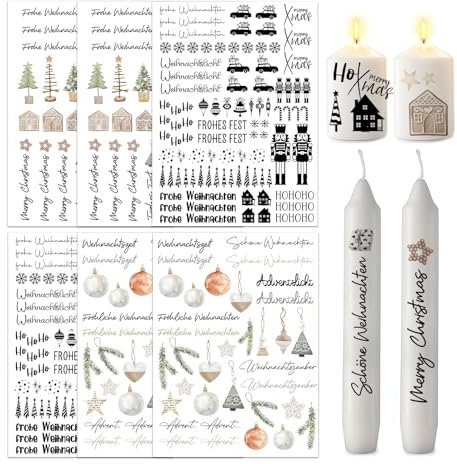 ALLAVA 6 Stück Kerzentattoos Weihnachten, Kerzentattoos Happy New Year, Wasserschiebefolie Kerzen, Kerzensticker Kerzenfolie für Kerze Tasse DIY Geschenk, Kerzen Dekorieren, Kerzensprüche(D)
