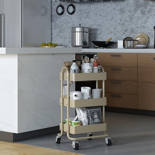 [en.casa] Servierwagen Pyhäntä Rollwagen mit 3 Ebenen Küchenwagen aus Metall Beistellwagen mit 2 Bremsen Allzweckwagen Aufbewahrungswagen für Küche Bad Büro Kamelfarben