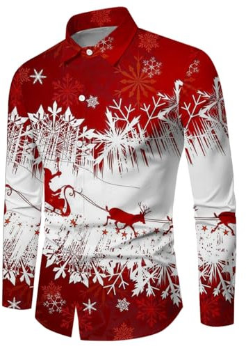 Chemise De Noel Homme Grande Taille Chemises Cerf De Noël Imprimé Col Revers Chemisier À Manche Longue Coupe Slim Fit Christmas Shirt Boutonnés Décontractée T-Shirt Tops Pas Cher Blouse Hauts