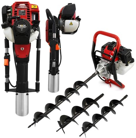 Tarière Thermique 52cc Foreuse à Essence 3 Forets 82cm avec Ø 102, 152, 200 mm & Enfore Poteaux 38cc 4 Temps 5500 Tours/minute Fixation jusqu'à 120 mm ⌀ [Entonnoir, Trousse d'outils & Kit EPI INCLUS]