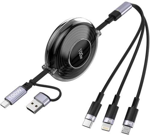 3-in-1 einziehbares Multi-Ladekabel, 100 W Schnellladekabel, USB-C/A auf Lightning/USB-C/Micro-USB-Telefon-Ladekabel für iPhone 16/15, Samsung, MacBook, iPad (schwarz)