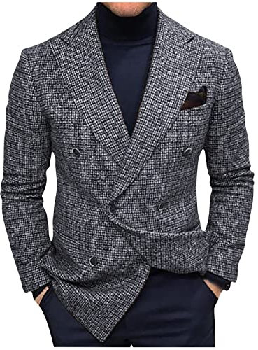AEGJEGVD Blazer Homme Slim Fit Formel Avec 2 Boutons Gris à Carreaux Coupe Droite Costume Vintage élégant à Double Boutonnage Pour Les Loisirs