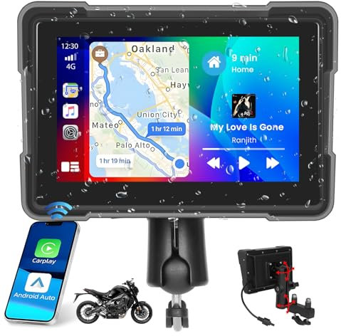 Hikity Pantalla Portátil para Motocicleta de 5 Pulgadas con Carplay Inalámbrico Android Auto Impermeable IP67 Pantalla para Motocicleta Navegador con Bluetooth/TF/Tipo-C/Mirror Link/Ajuste EQ