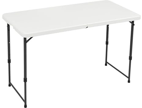 Amazon Basics Tavolo pieghevole rettangolare, 1,2 m, 4 regolazioni di altezza, portatile, con maniglia, per interni ed esterni, leggero, da viaggio, picnic, campeggio, bianco, 121,4 x 60,7 x 86,1 cm