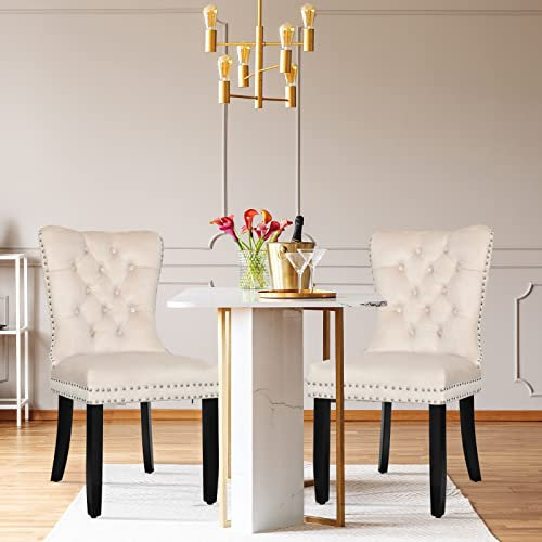 ARTETHYS Samt Esszimmerstühle 2er Set, Gepolstert Küchenstühle mit Eichenbeinen, Polsterstühle mit Armlehnen Rückenlehne für Esszimmer Wohnzimmer Küche, Tragkraft 150 kg, Beige