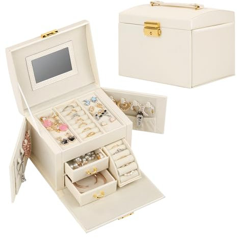 Hawthyhome Jewellery Box with Key for Lock and 2 Drawers, Jewellery Storage with Handle and Mirror for Necklace Earrings Accessories, Multiple Storage Compartments, Jewelry Organizer for Women Girls