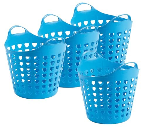 Kreher® flexibler Aufbewahrungskorb aus Kunststoff für Wäsche, Spielzeug und vieles mehr! In peppigen Farben mit Belüftungslöchern. 35 Liter Volumen, mit zwei großen Henkeln. (4er Set in Blau)