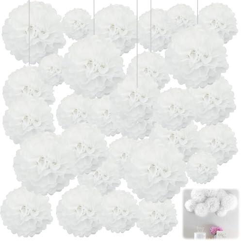 NINGYER 30 Stück Pompons Deko, Weiß Seidenpapier Pompons, Pompom Deko, Geeignet für Geburtstag Party, Valentinstag, Hochzeit, Mottoparty Feier (4 Größen)