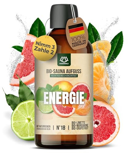 NORDHOLZ® Saunaaufguss BIO [NATURREINE ÄTHERISCHE BIO-ÖLE] Sauna Aufgussmittel #18 Energie 100ml Limette, Mandarine, Grapefruit - Sauna Aufguss