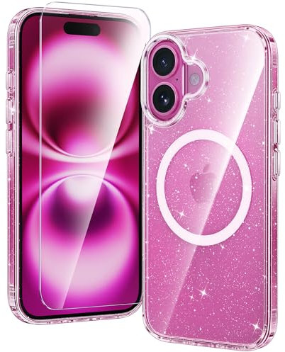FNTCASE for iPhone 16 Plus Case: Clear Case Magnetic Military Grade Drop Protection Anti Yellowing Cell Phone Cover - Rugged Shockproof Protective Bumper Transparent Shiny Cases (Clear Glitter)