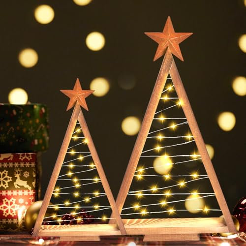 Weihnachtsbaum Holz, 2 Stück LED Tannenbaum aus Holz Weihnachtsdeko Holz Weihnachtsbaum mit Beleuchtung Leuchtender Tannenbaum Deko mit Licht Stern Weihnachten Tischdeko für Deko