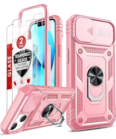 LeYi Coque pour iPhone 13 6.1(Pas 13 Pro Max/13 Pro) avec 2*Verre Trempé+Anneau Support, Full Protection de la Caméra en PC Dur Anti-Chut Renforcée Armor Heavy Duty Antichoc Bumper Housse Etui,Rose